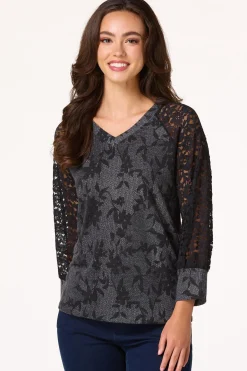 Cato Black Floral Lace Sleeve Top> Tops