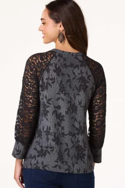 Cato Black Floral Lace Sleeve Top> Tops
