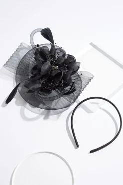Cato Black Flower Bead Fascinator><noscript><img width=