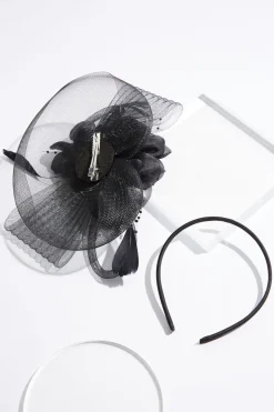 Cato Black Flower Bead Fascinator><noscript><img width=