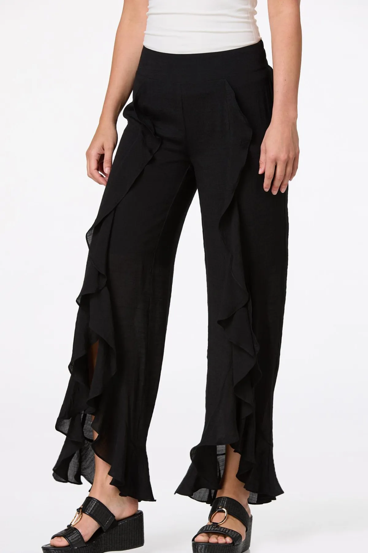 Cato Black Ruffled Front Pants> Pants