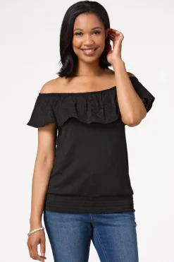 Cato Black Smocked Eyelet Top> Tops