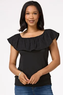 Cato Black Smocked Eyelet Top><noscript><img width=