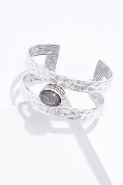 Cato Black Stone Silver Cuff Bracelet> Bracelets