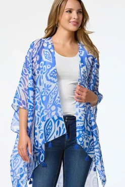 Cato Blue Damask Tassel Kimono><noscript><img width=