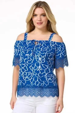 Cato Blue Floral Cold Shoulder Top> Tops