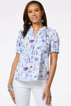 Cato Blue Floral Smocked Sleeve Top> Tops