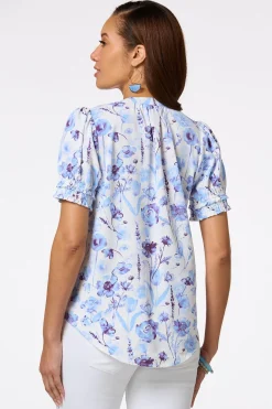 Cato Blue Floral Smocked Sleeve Top> Tops