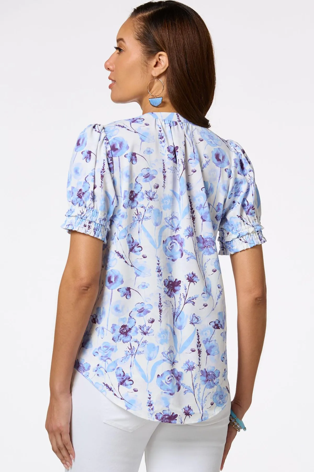 Cato Blue Floral Smocked Sleeve Top> Tops