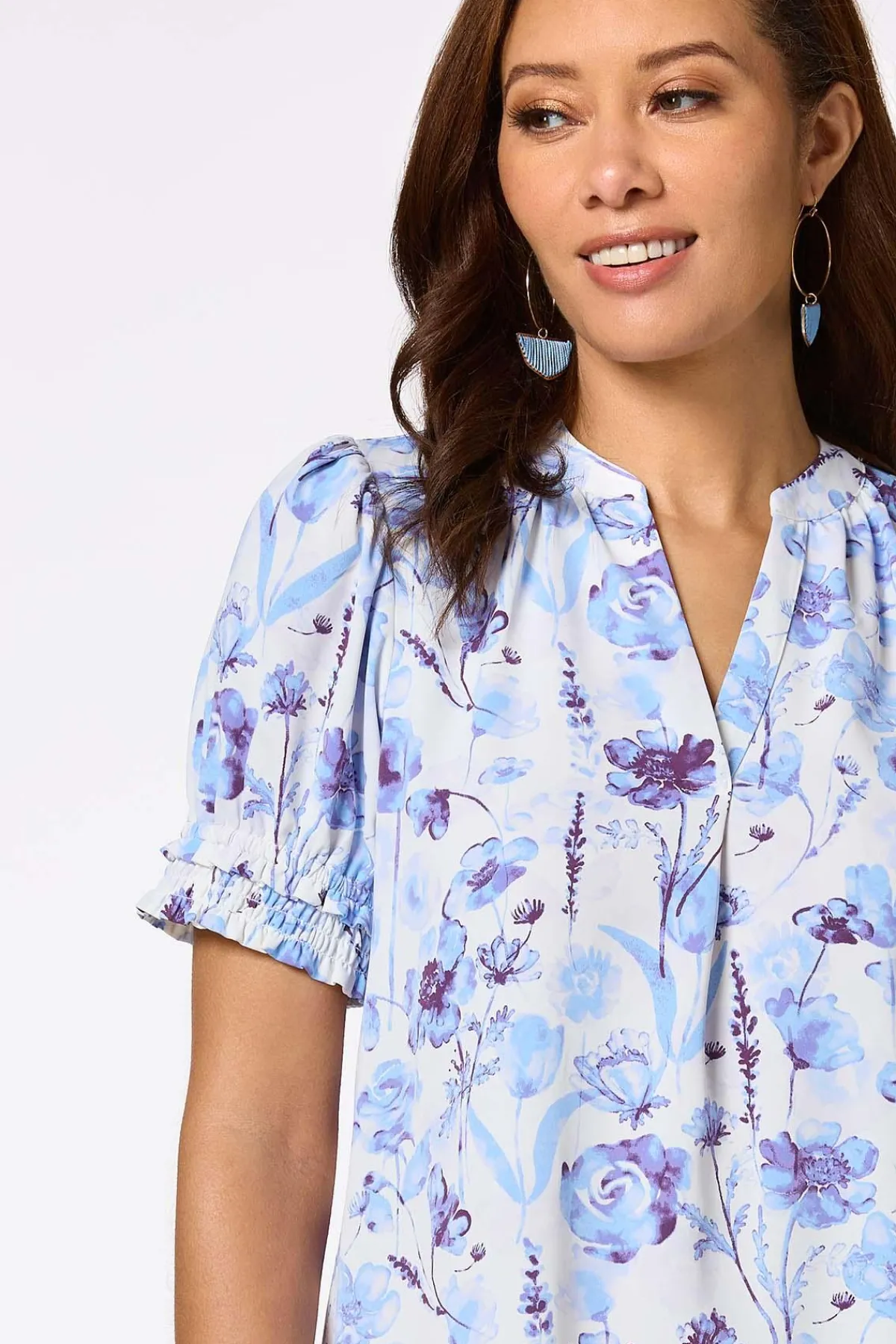Cato Blue Floral Smocked Sleeve Top> Tops