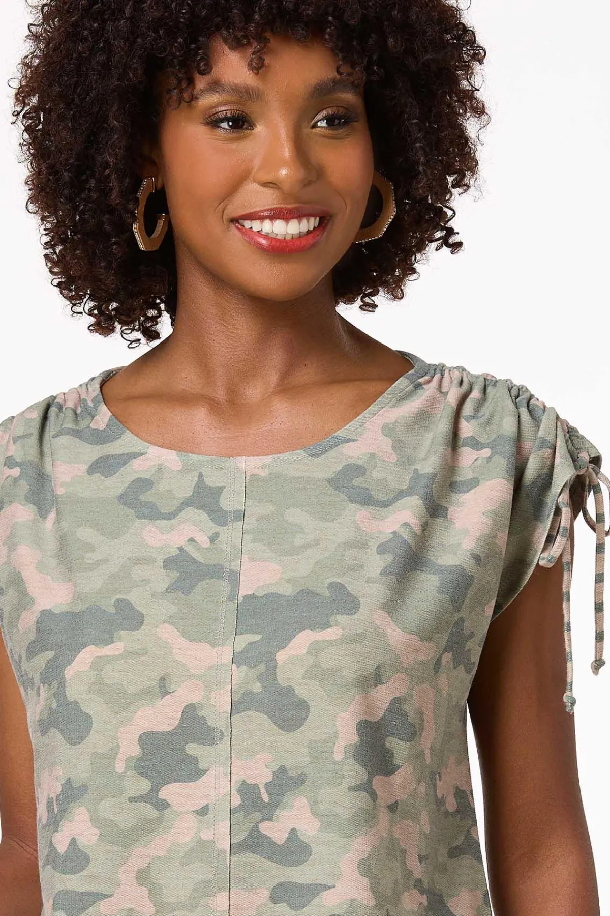 Cato Camo Ruched Sleeve Top> Tops