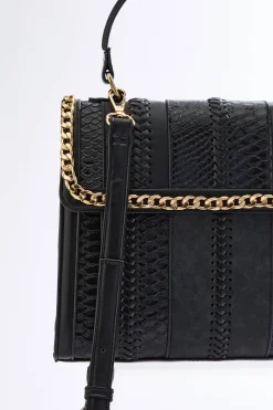 Cato Chain Trim Mixed Material Satchel><noscript><img width=