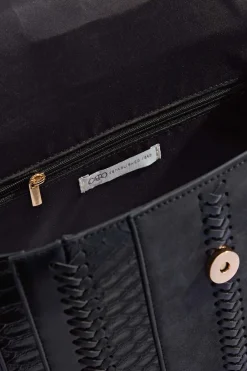 Cato Chain Trim Mixed Material Satchel><noscript><img width=
