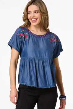 Cato Chambray Embroidered Babydoll Top> Tops