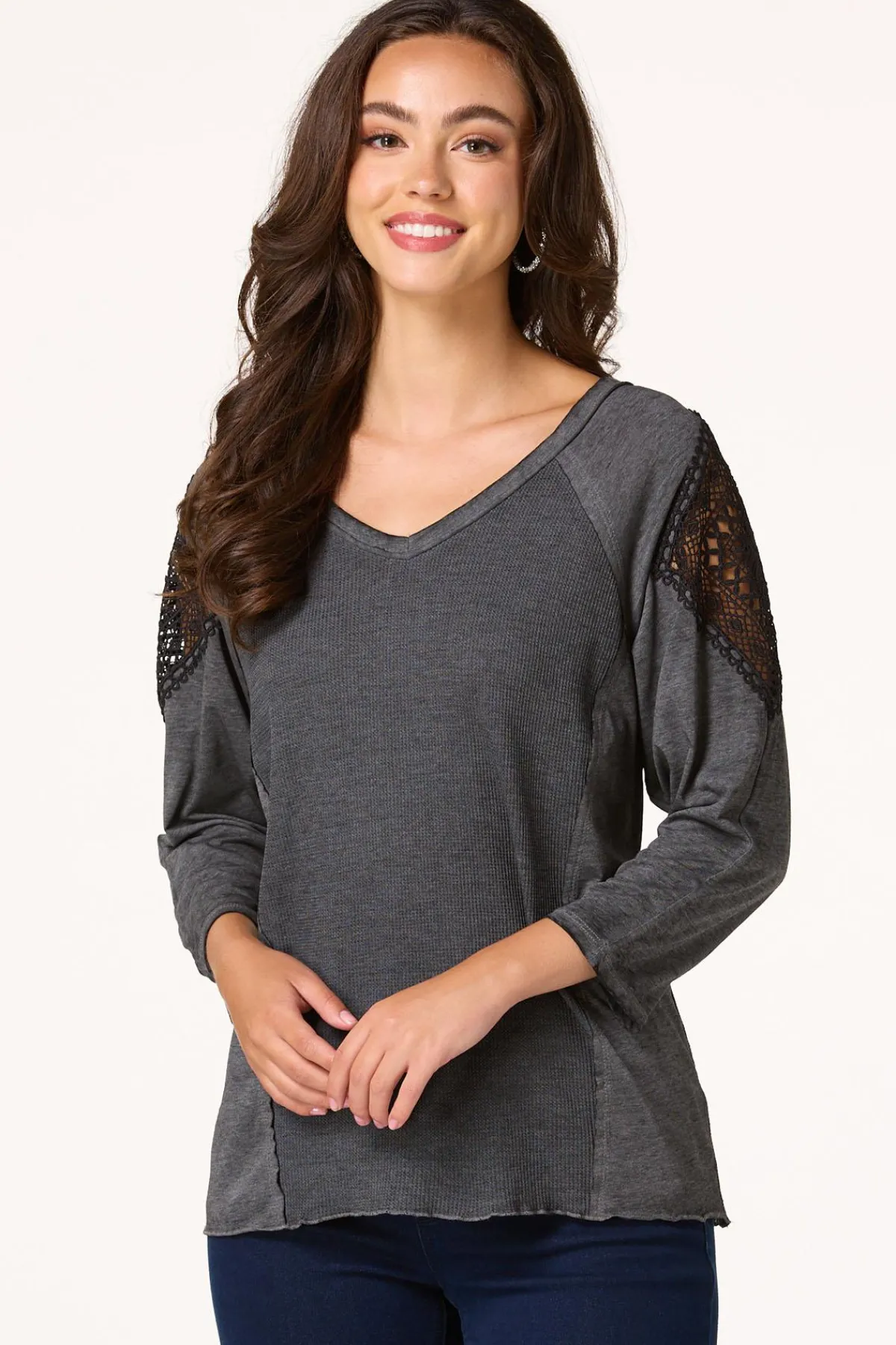 Cato Charcoal Crochet Sleeve Top> Tops