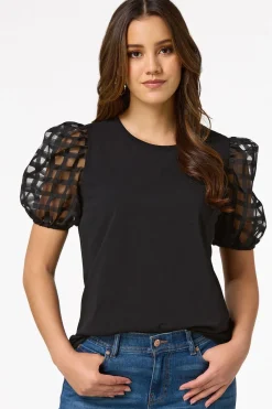 Cato Check Illusion Puff Sleeve Top><noscript><img width=