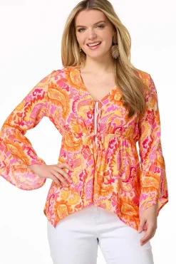 Cato Citrus Burst Tie Front Top> Tops