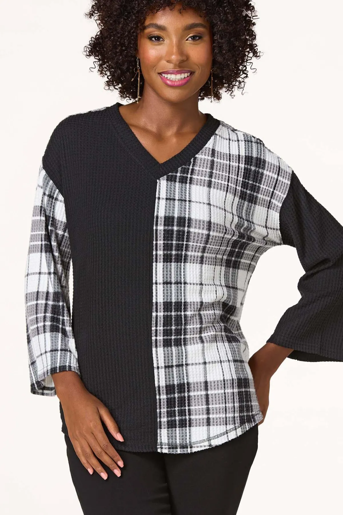 Cato Colorblock Plaid Waffle Top> Tops