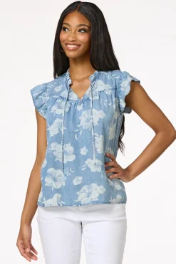 Cato Contrast Floral Chambray Top><noscript><img width=