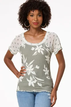 Cato Contrast Olive Floral Top> Tops