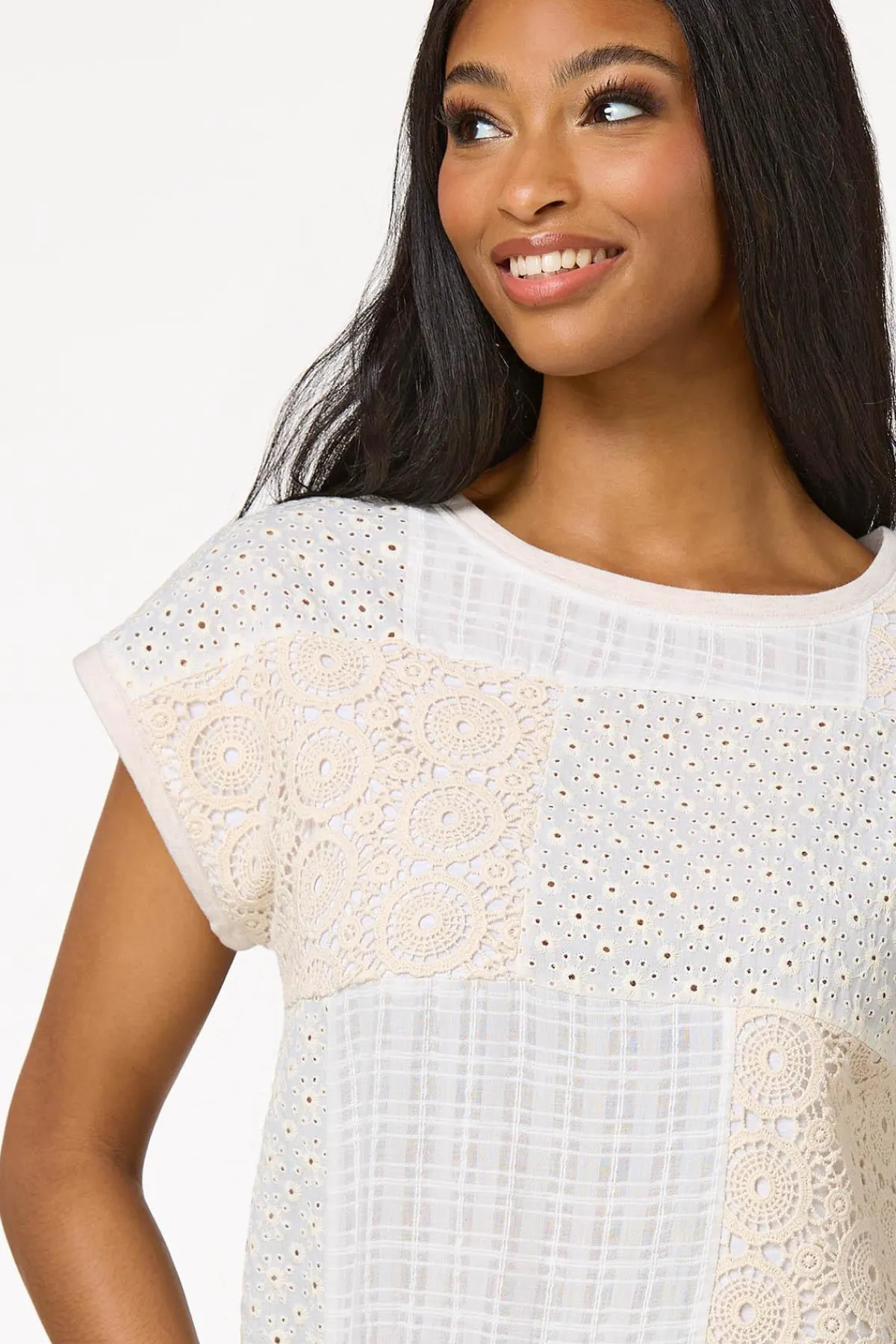Cato Crochet Embroidered Patchwork Top> Tops