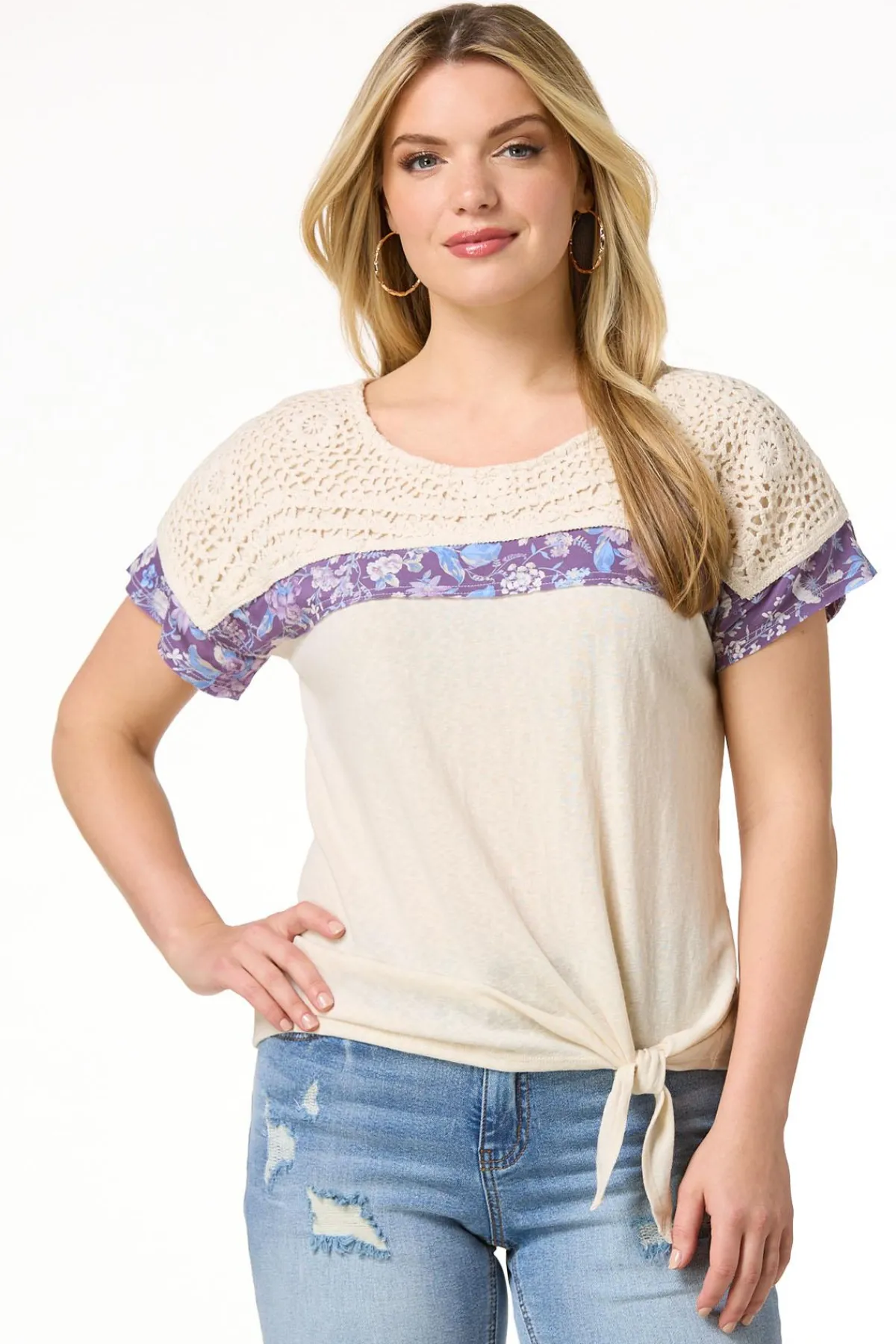 Cato Crochet Floral Tie Hem Top> Tops