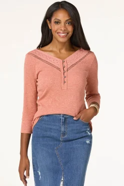 Cato Crochet V- Neck Henley> Tops