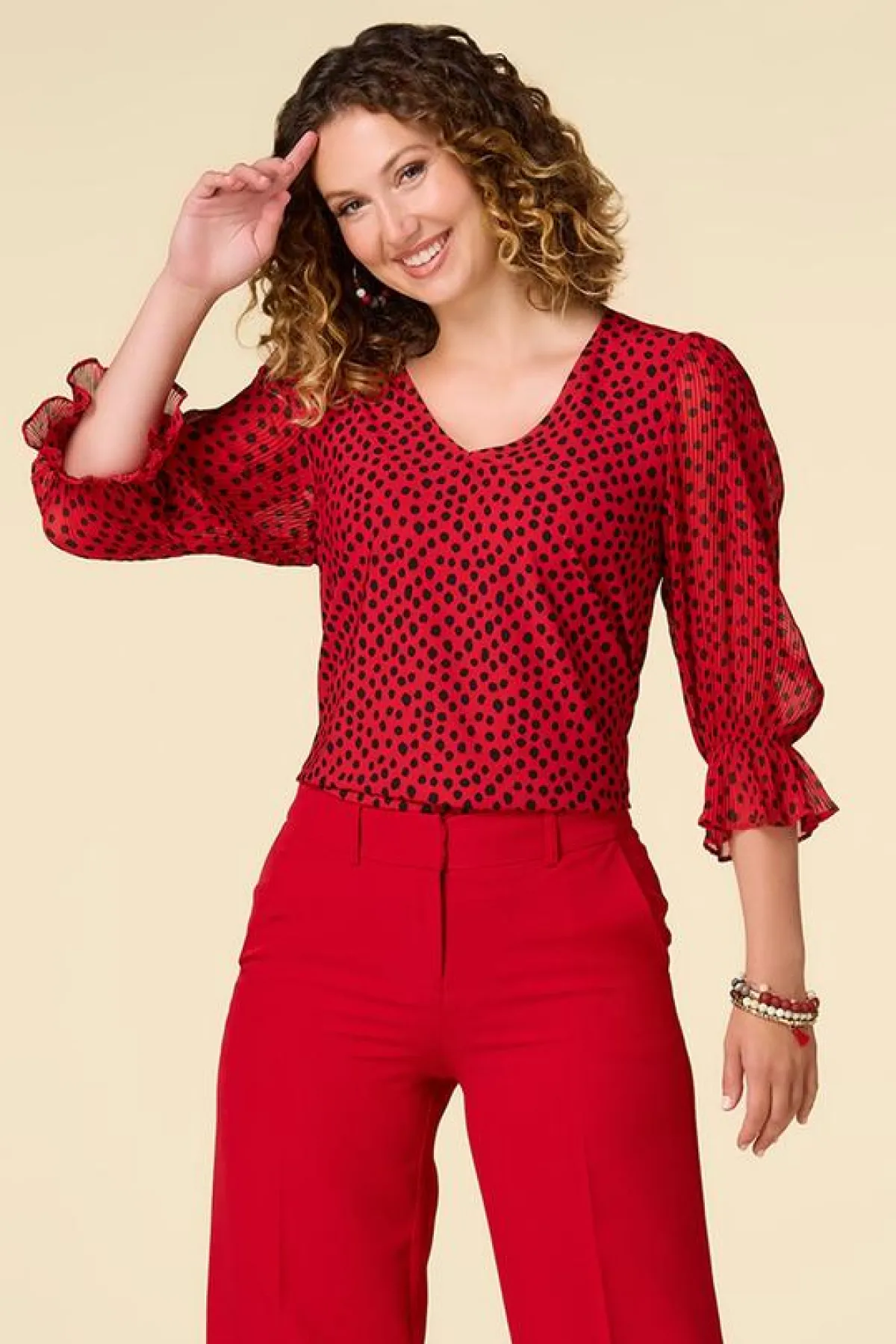 Cato Dotted Pleated Sleeve Top> Tops