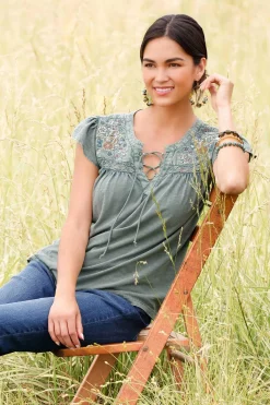 Cato Embellished Lace Up Top><noscript><img width=