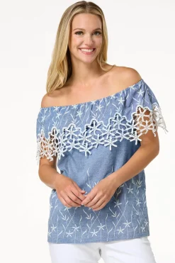 Cato Embroidered Chambray Top> Tops