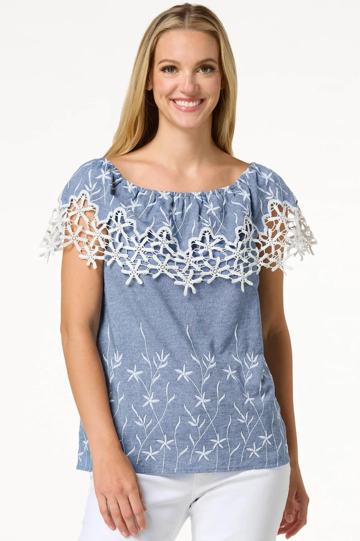 Cato Embroidered Chambray Top> Tops