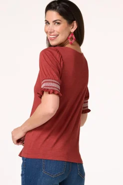 Cato Embroidered Cuff Sleeve Top> Tops