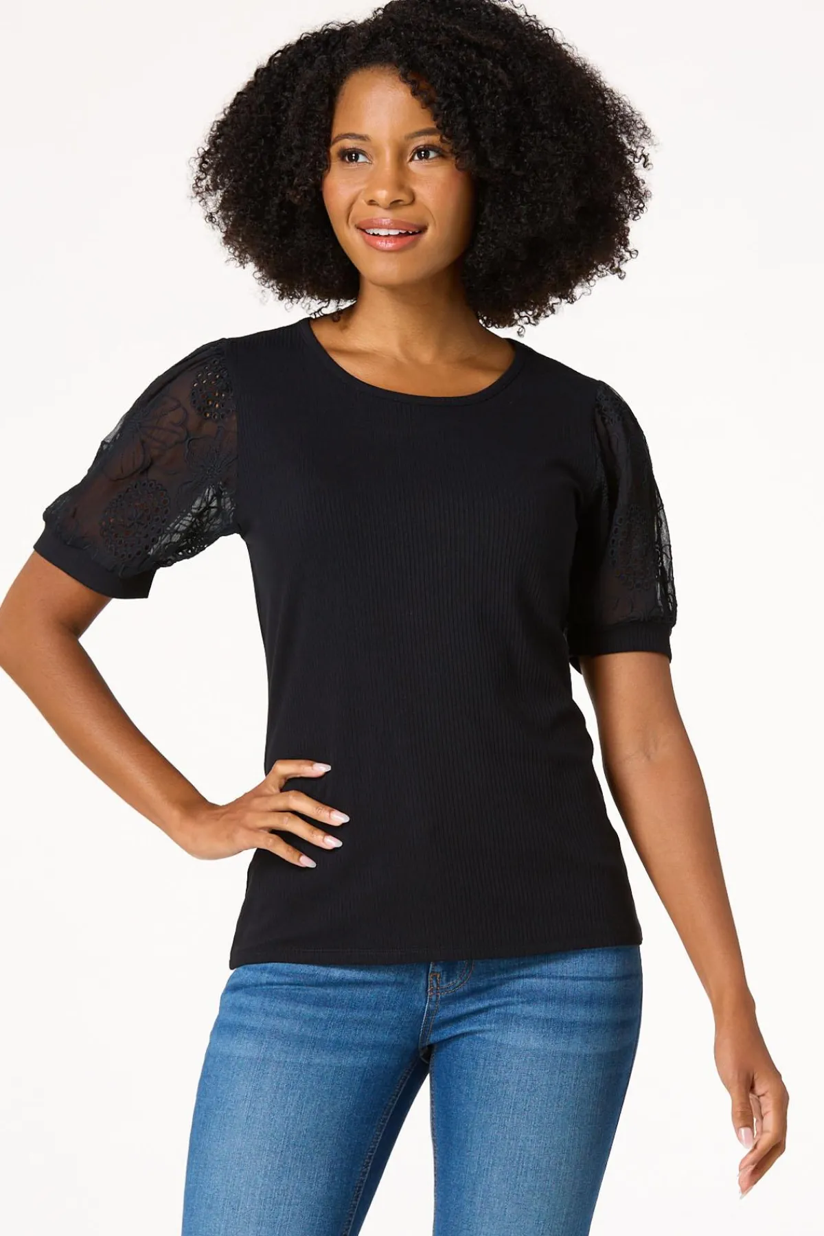 Cato Embroidered Eyelet Sleeve Top> Tops