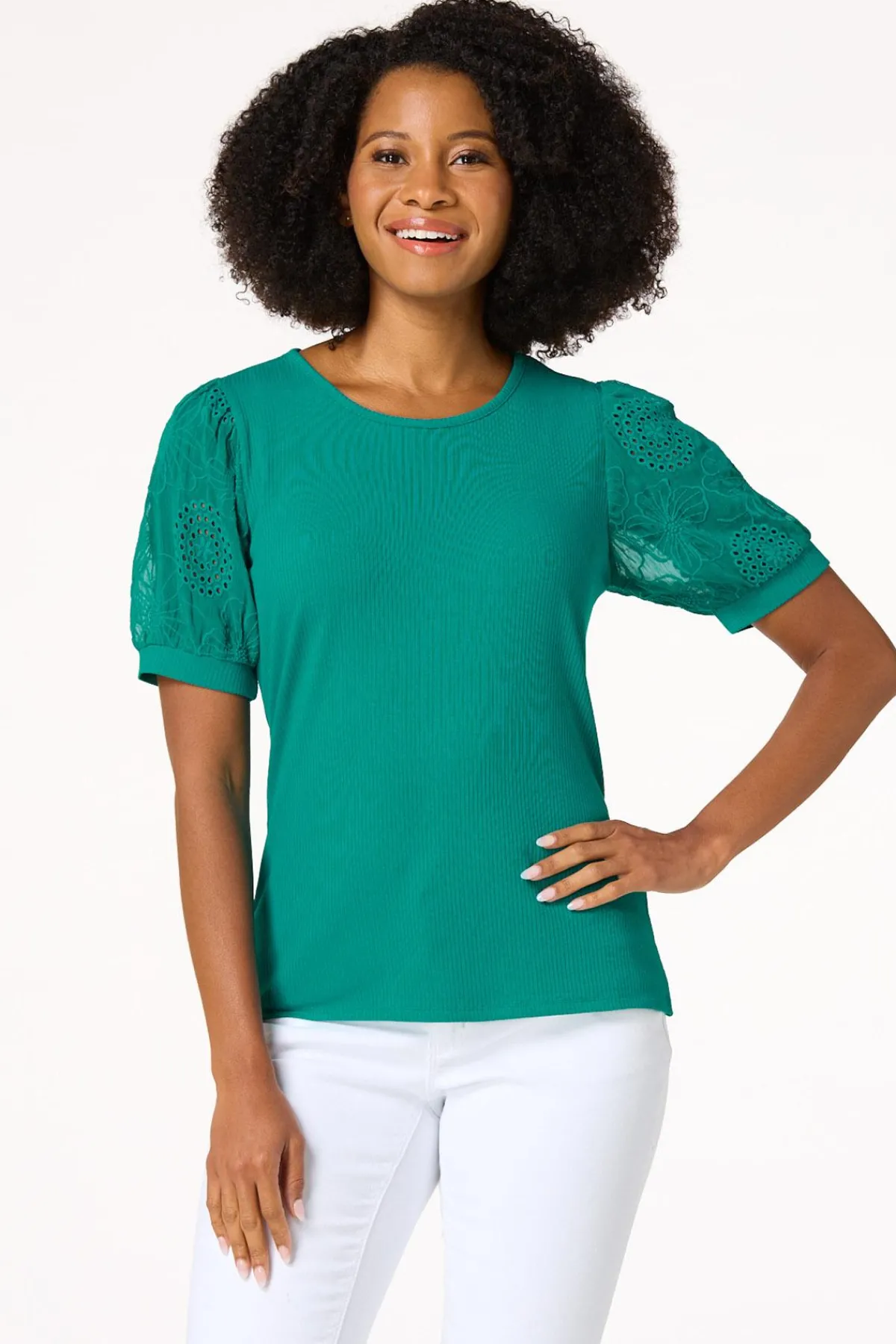 Cato Embroidered Eyelet Sleeve Top> Tops