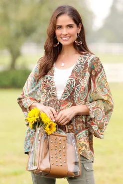 Cato Embroidered Paisley Tie Front Top> Tops