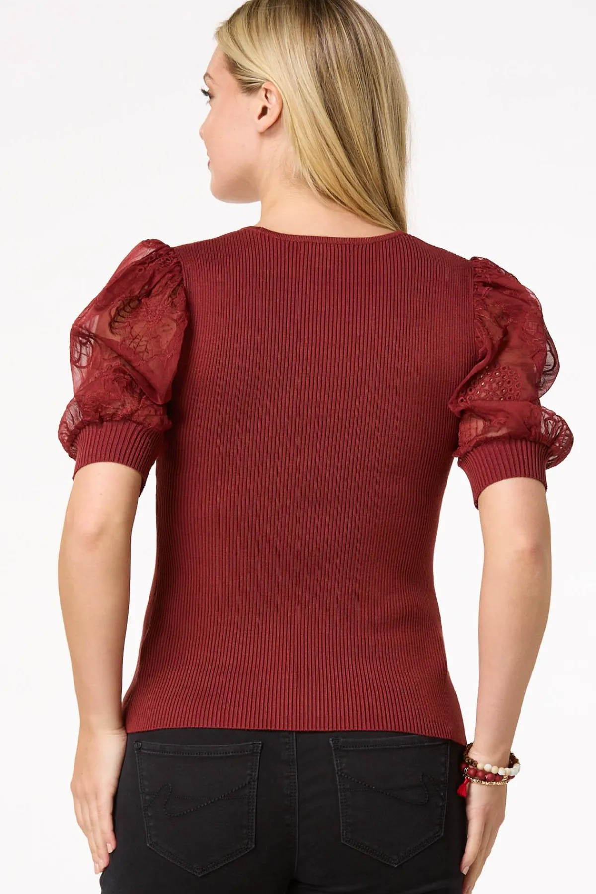 Cato Embroidered Puff Sleeve Sweater> Sweaters