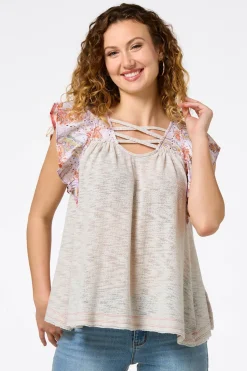 Cato Eyelet Paisley Flutter Sleeve Top> Tops