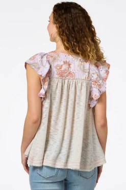 Cato Eyelet Paisley Flutter Sleeve Top> Tops