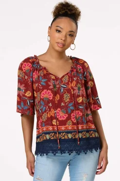 Cato Floral Crochet Trim Top> Tops