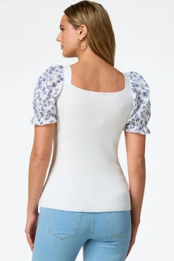Cato Floral Eyelet Puff Sleeve Sweater> Sweaters