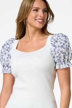 Cato Floral Eyelet Puff Sleeve Sweater><noscript><img width=