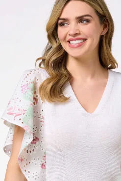 Cato Floral Eyelet Sleeve Sweater><noscript><img width=
