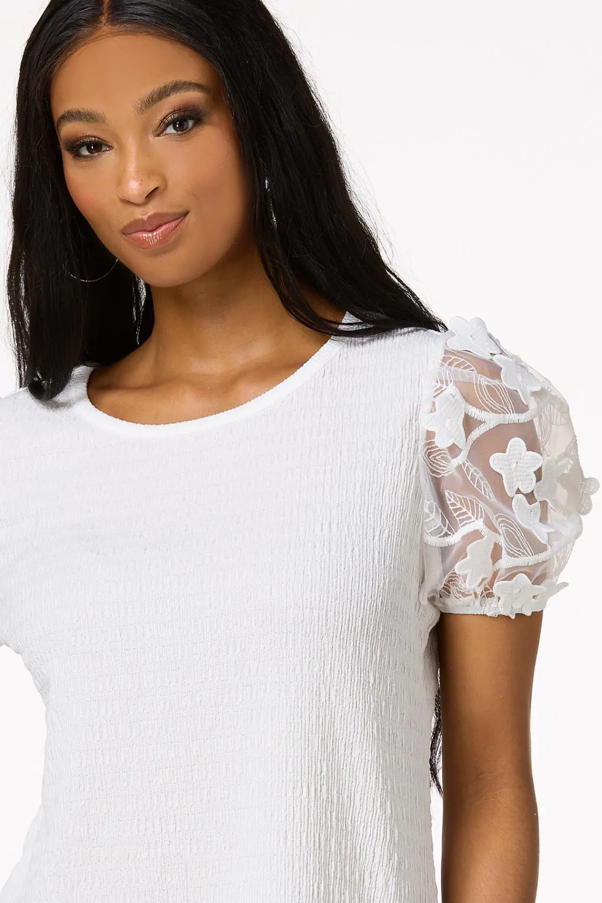 Cato Floral Mesh Sleeve Top> Tops