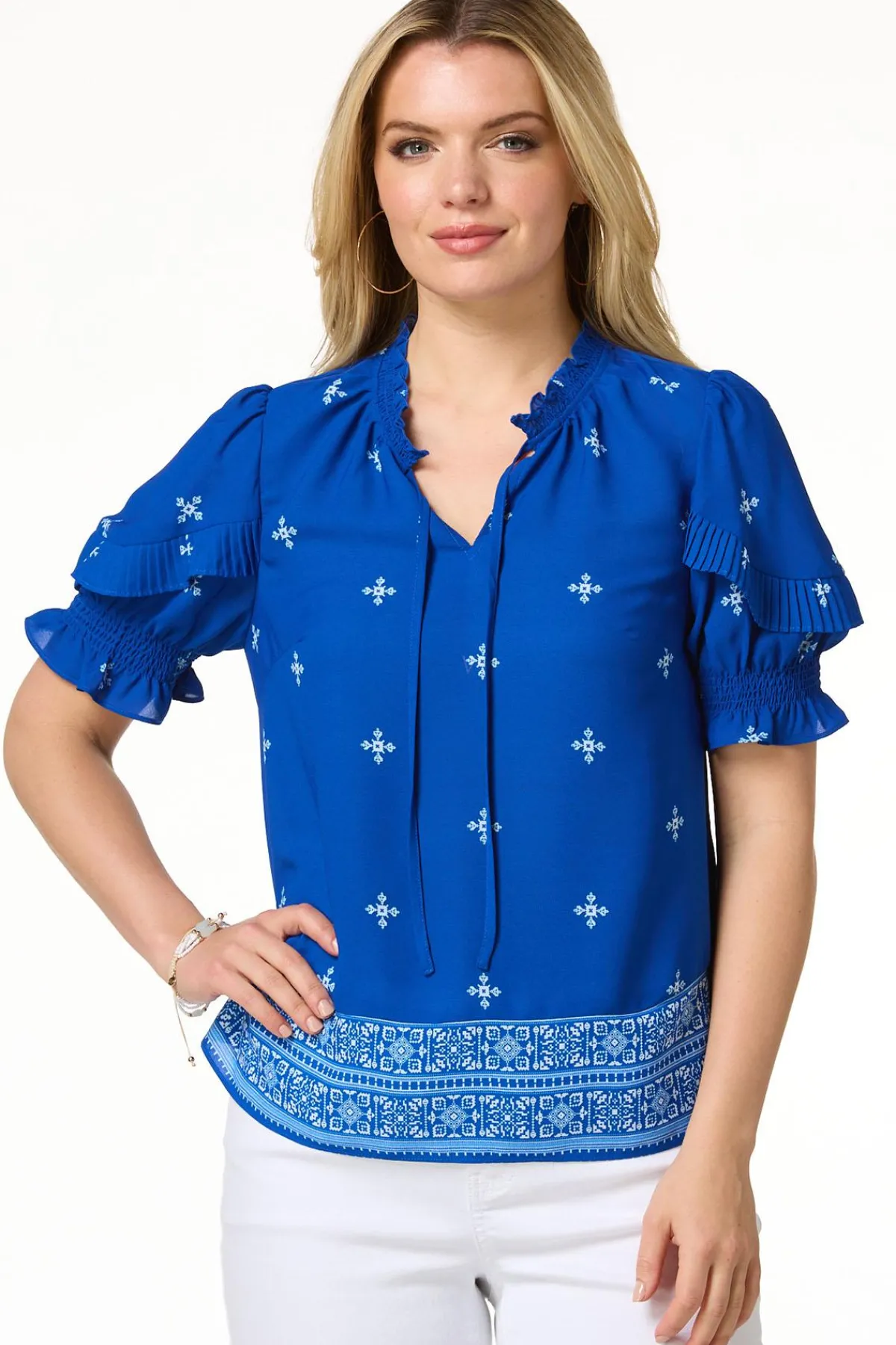 Cato Floral Pleated Sleeve Top> Tops