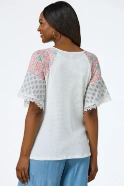 Cato Floral Sleeve Waffle Top> Tops