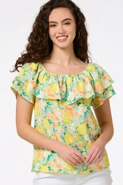 Cato Flounced Floral Lemon Top> Tops