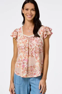 Cato Flutter Floral Lace Trim Top> Tops