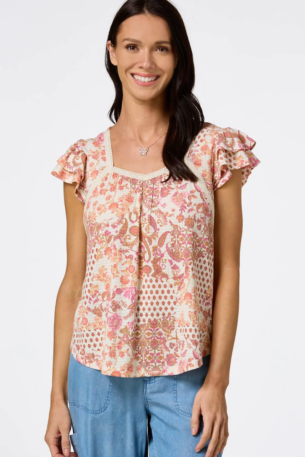 Cato Flutter Floral Lace Trim Top> Tops