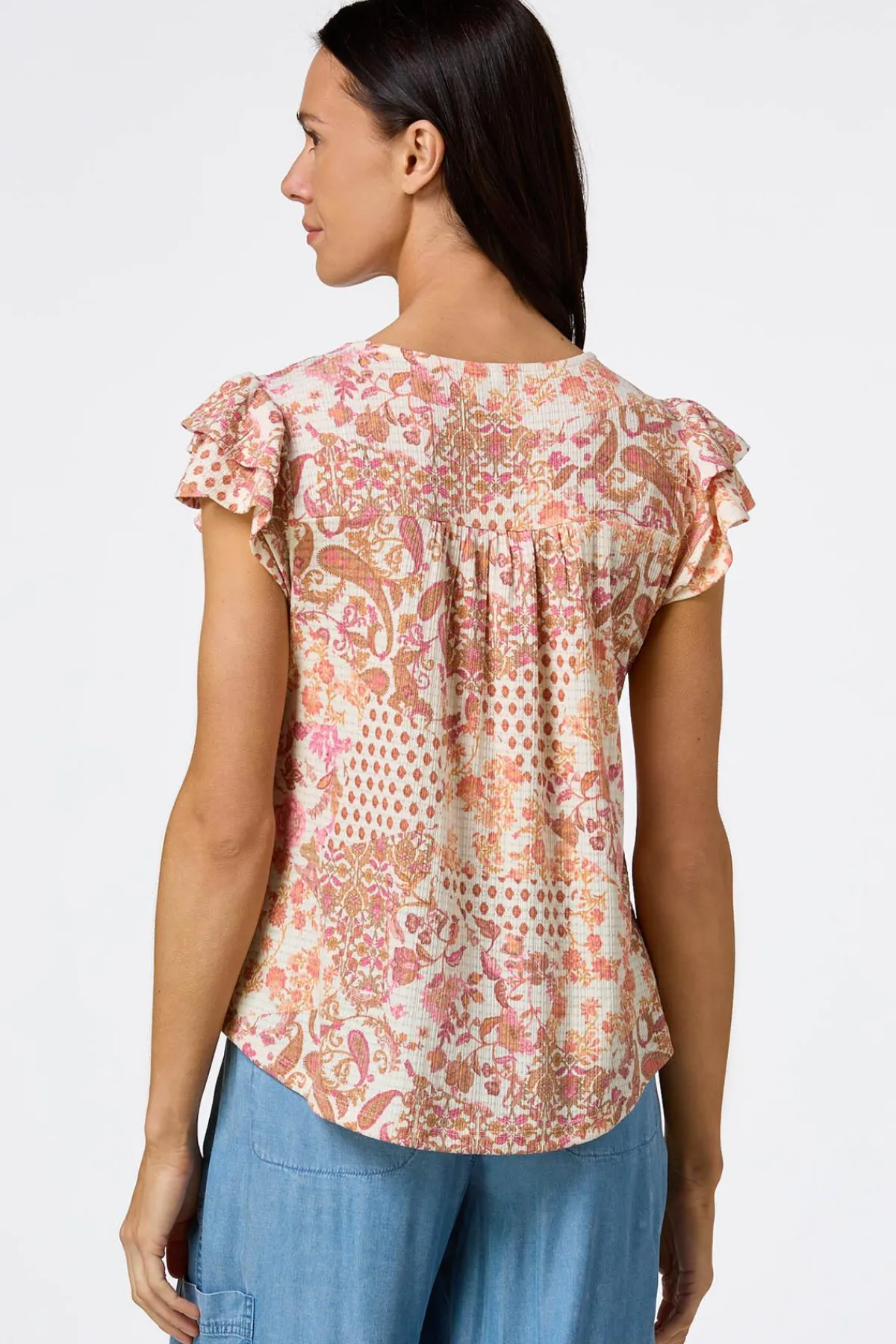Cato Flutter Floral Lace Trim Top> Tops