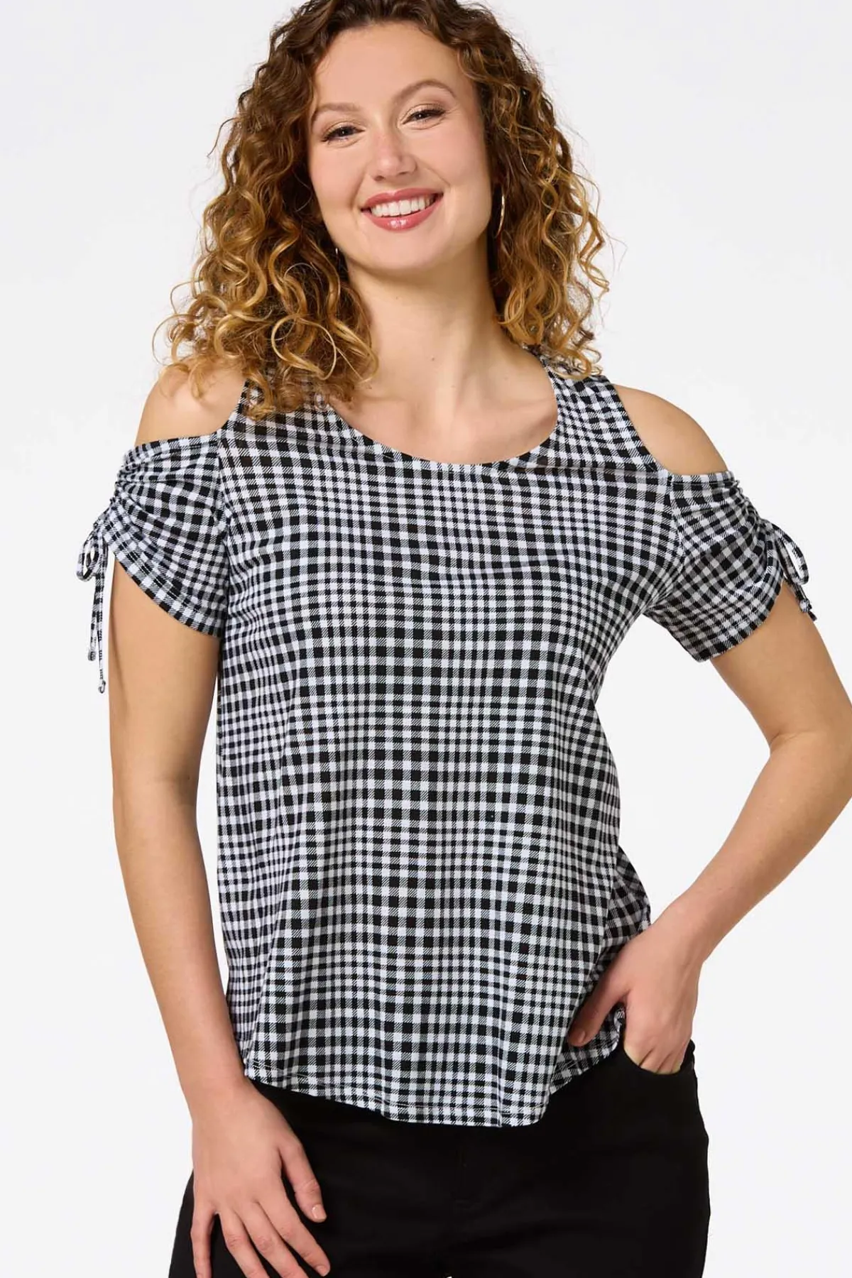 Cato Gingham Cold Shoulder Top> Tops